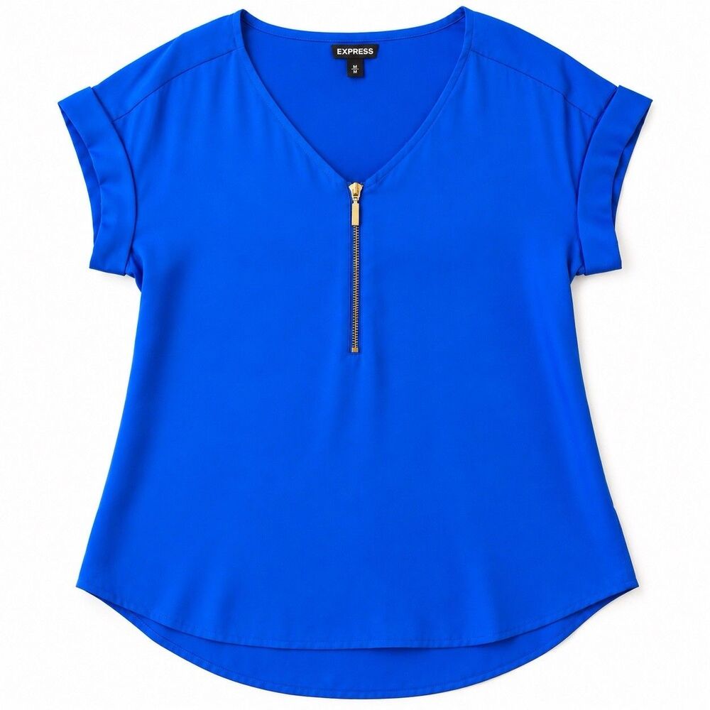 Express Women's Bright Blue Satin V-Neck Zip Blouse Short Sleeve Size M